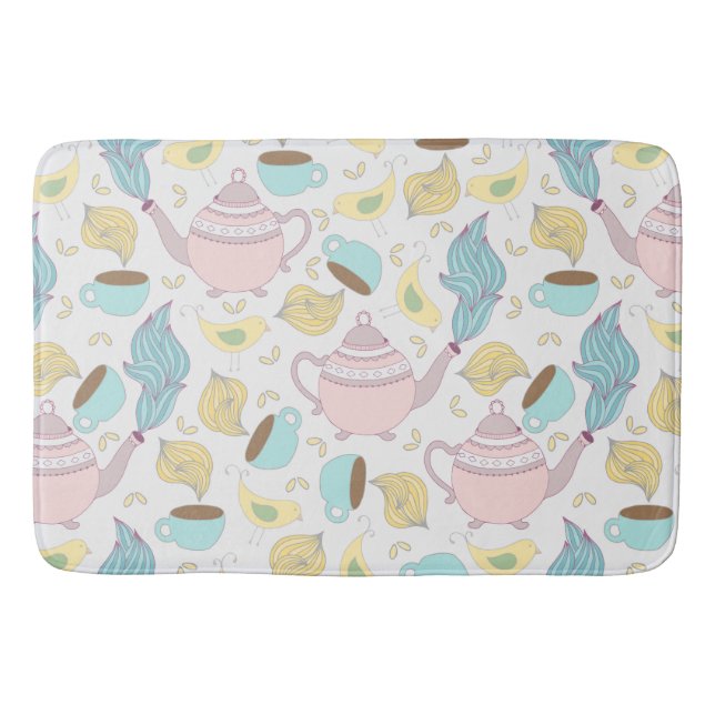 Teapots Teacups and Birds Whimsical Pastel Pattern Bath Mat (Front)