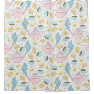 Teapots Teacups and Birds Whimsical Pastel Pattern Shower Curtain