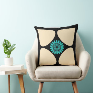 Tear Drop Flower Cream Turquoise Black Graphic Cushion