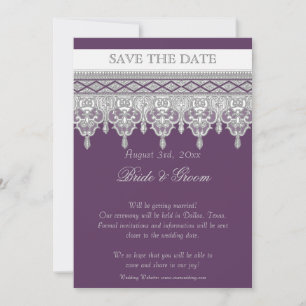 Tear Drop Lace, Purple & Grey - Save the Date Invitation