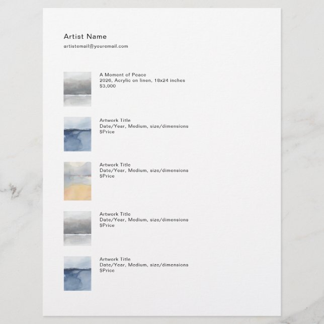 Tear Sheet Price List Template for Art Custom Letterhead (Front)