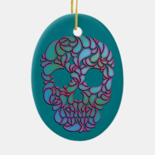 Teardrop Candy Skull In Blue, Green and Pink Ceramic Ornament