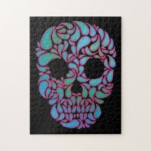 Teardrop Candy Skull In Blue, Green and Pink Jigsaw Puzzle