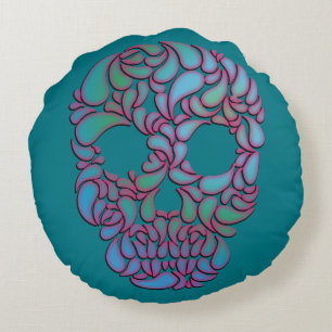 Teardrop Candy Skull In Blue, Green and Pink Round Cushion