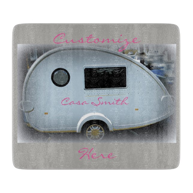 Teardrop gypsy caravan happy glamping cutting board (Front)