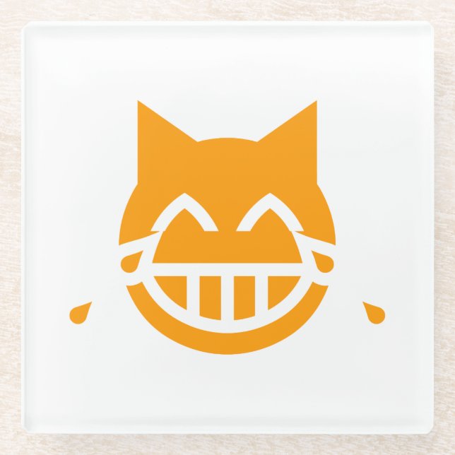 Tears of Joy Emoji Cat Glass Coaster (Front)
