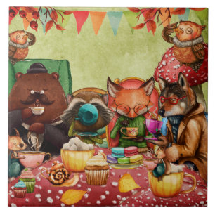 Teatime in Forest with Woodland Friends Ceramic Tile