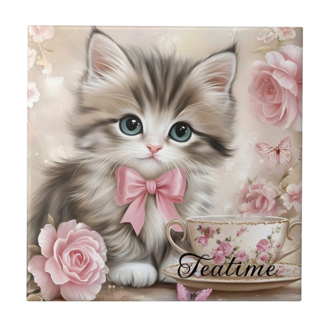 Teatime Kitten  Ceramic Tile (Front)