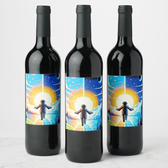 Tech and Nature Harmony - 8-bit Pixel Art Wine Label (Bottles)