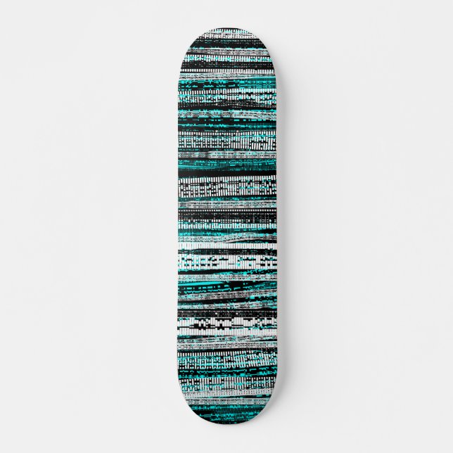 Tech Decay - Black and White on Cyan Skateboard (Front)