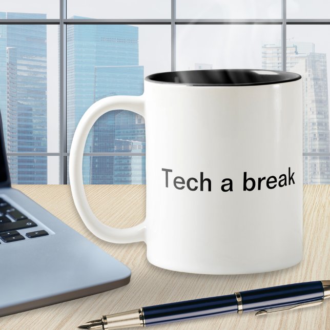 Tech Support Humour Funny Computer Pun Monogrammed Two-Tone Coffee Mug (A stylish coffee mug with 'Tech a break' message and monogram initial. An ideal computer themed gift)