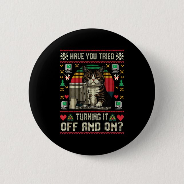 Tech Suprts Cat Engineer Computer Ugly Christmas S 6 Cm Round Badge (Front)
