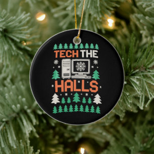 Tech The Halls Ugly Computer Festive Christmas Ceramic Ornament