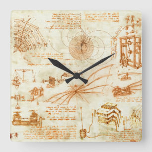 Technical drawing & sketches by Leonardo Da Vinci Square Wall Clock