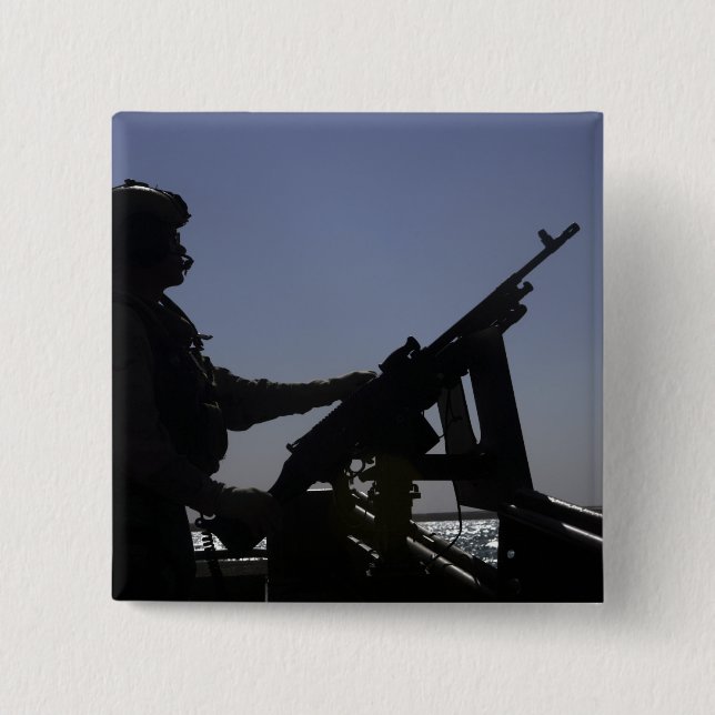 Technician manning an M240 machine gun in Iraq 15 Cm Square Badge (Front)