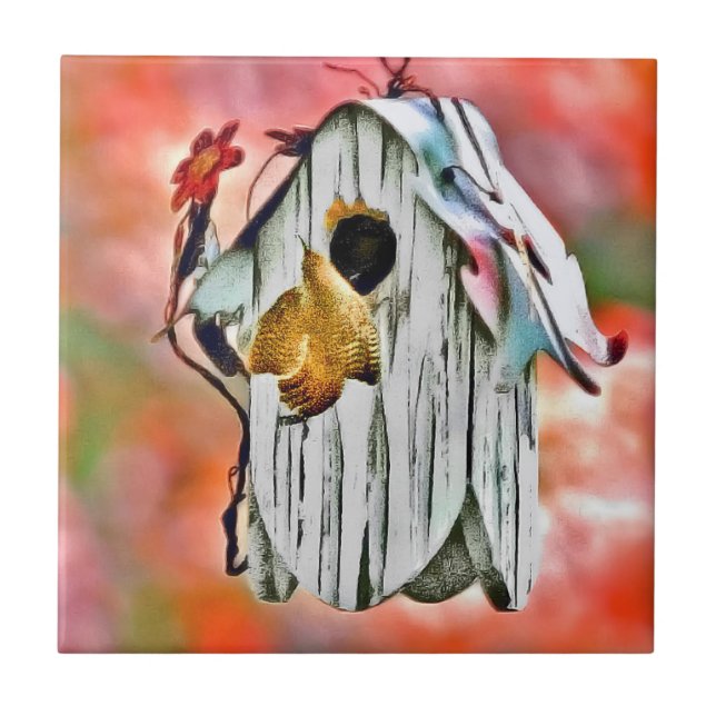 Technicolor Birdhouse Ceramic Tile (Front)