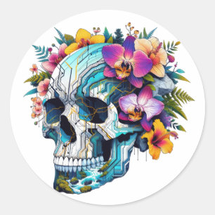 Techno-Bloom Skull Classic Round Sticker