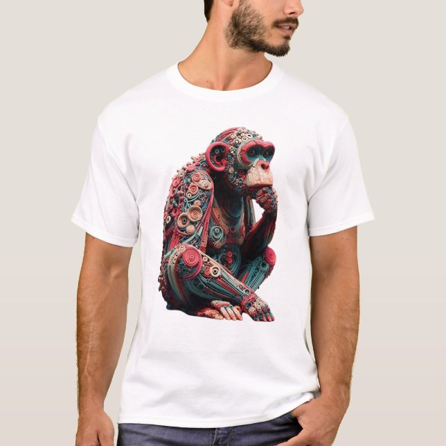 Techno Chimp: Vibrant Mechanical Art T-Shirt (Front)