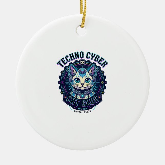 Techno Cyber Cat Funny Cat Lover Design - Techno C Ceramic Ornament (Front)