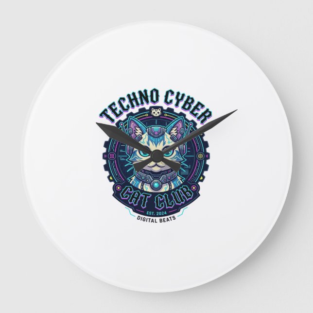 Techno Cyber Cat Funny Cat Lover Design - Techno C Large Clock (Front)