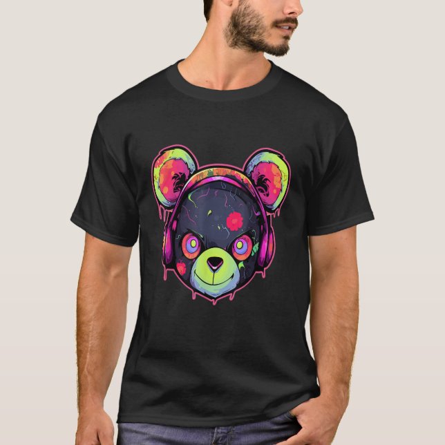 Techno DJ Bear Trippy EDM Summer Festival T-Shirt (Front)