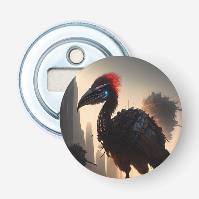 "Techno-Feathers: The Futuristic Emu Robot" Bottle Opener (Front)