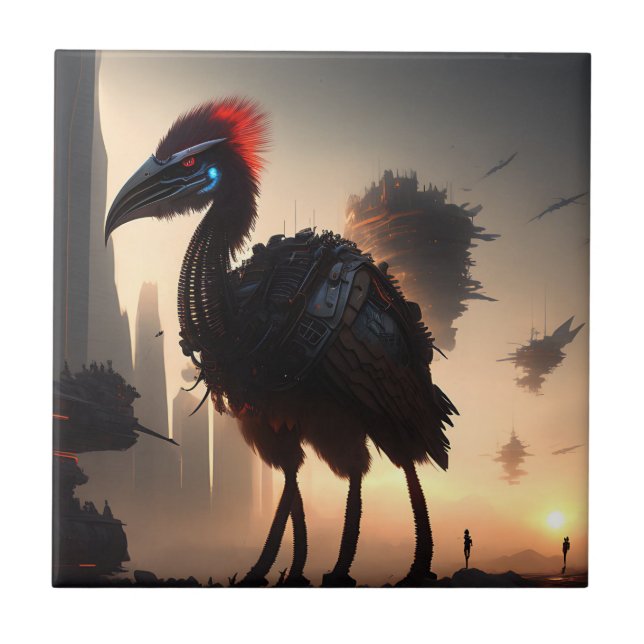 "Techno-Feathers: The Futuristic Emu Robot" Ceramic Tile (Front)