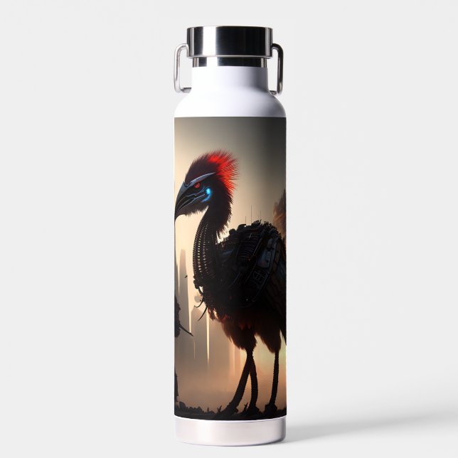 "Techno-Feathers: The Futuristic Emu Robot" Water Bottle (Front)