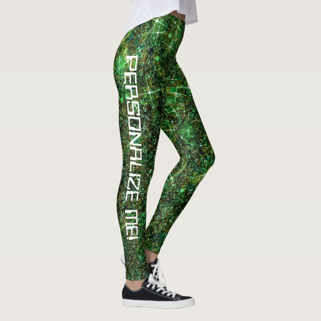 Techno Geek Green Galaxy Glitter CUSTOM TEXT Leggings (Right)