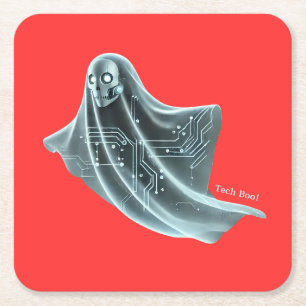 Techno Ghost: Haunting halloween Square Paper Coaster