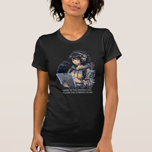 techno girls with raven and laptop T-Shirt (Front)
