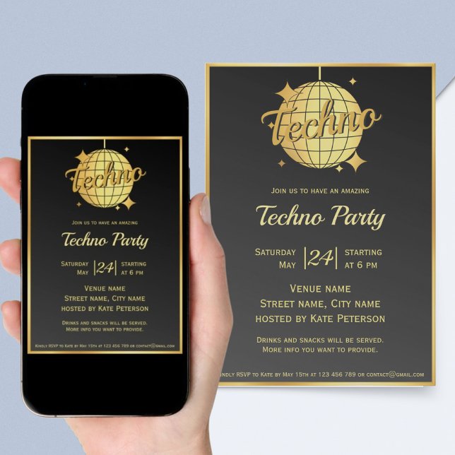 Techno music themed gold disco ball party  invitation (Creator Uploaded)