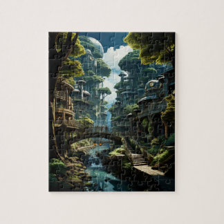 Techno-Organic City Daytime Creek View Jigsaw Puzzle