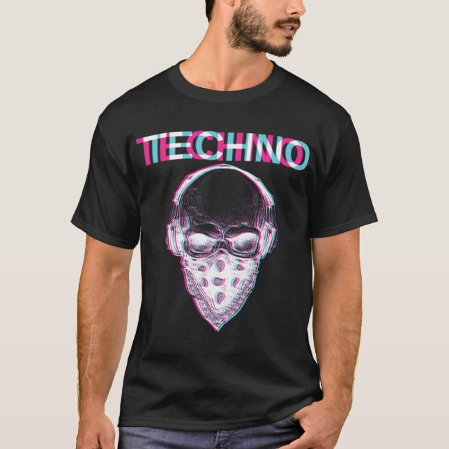 Techno Skull Glitch Trippy EDM Rave Hardstyle Gift T-Shirt (Front)