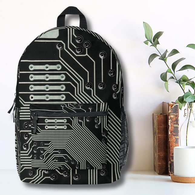 Technology Black Circuit Board Printed Backpack (Unique Modern Industrial Black Circuit Technology Printed Backpack)