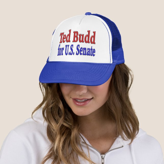 Ted Budd for Senate with red blue text  Trucker Hat (In Situ)