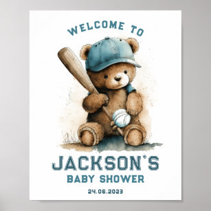 Tedd Bear Baseball Player Boy Welcome Baby Shower Poster