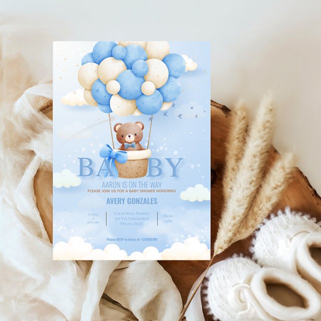 Teddby Bear Balloon Blue Sky Baby Boy Shower Invitation (Creator Uploaded)