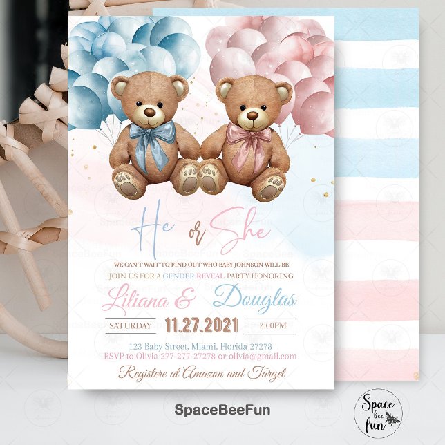 Teddi Bear Baby Shower Invitation He or She Gender (Teddy Bear invitation,Baby Shower Invitation,He or She,Gender Reveal, Baby Shower bear,teddy bear In)