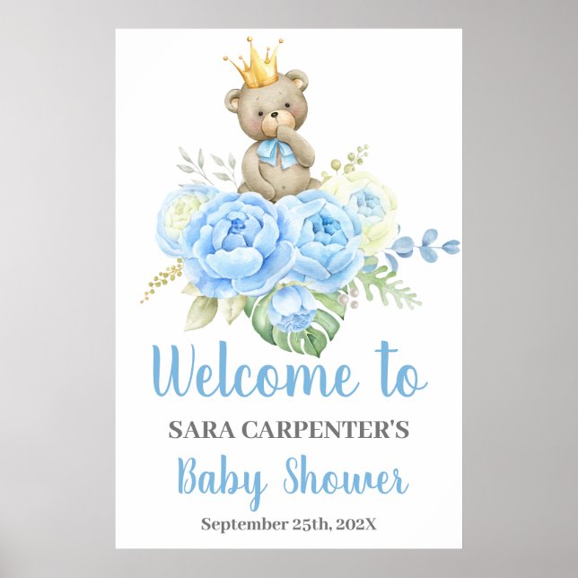 Teddy Baby Shower Boy Blue Bear Welcome Sign (Front)