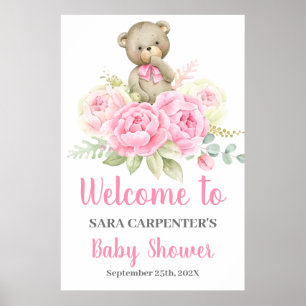 Teddy Baby Shower Girl Pink Bear Welcome Sign