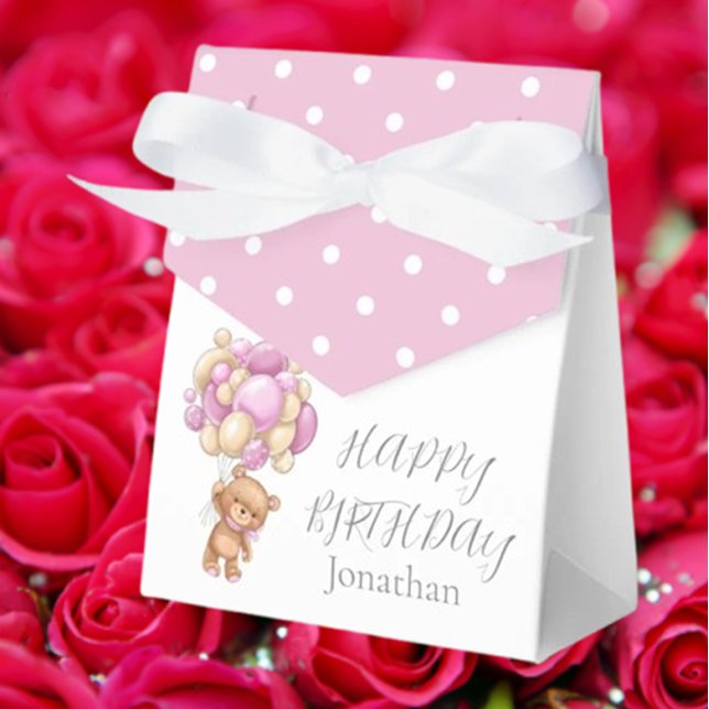 Teddy Balloon Bearly  Wait Birthday Girl Pink Favour Box (Delight your birthday girl with our adorable Teddy Balloon Bearly Wait favor boxes! )