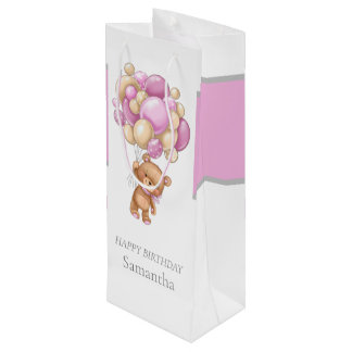 Teddy Balloon Bearly Wait Birthday Girl Wine Gift Bag