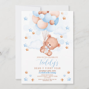Teddy Bear 1st Birthday Bear-y First Boys Blue Invitation