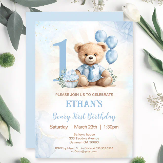 Teddy Bear 1st Birthday Blue Balloons Invitation | Zazzle