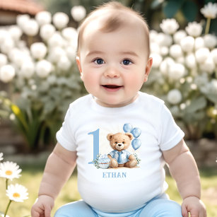 Teddy Bear 1st Birthday Blue Beige Baby T-shirt
