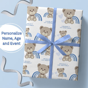 Teddy Bear 1st Birthday Blue Wrapping Paper