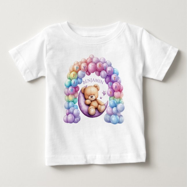 Teddy Bear 1st Birthday Colourful Balloons Baby T-Shirt (Front)