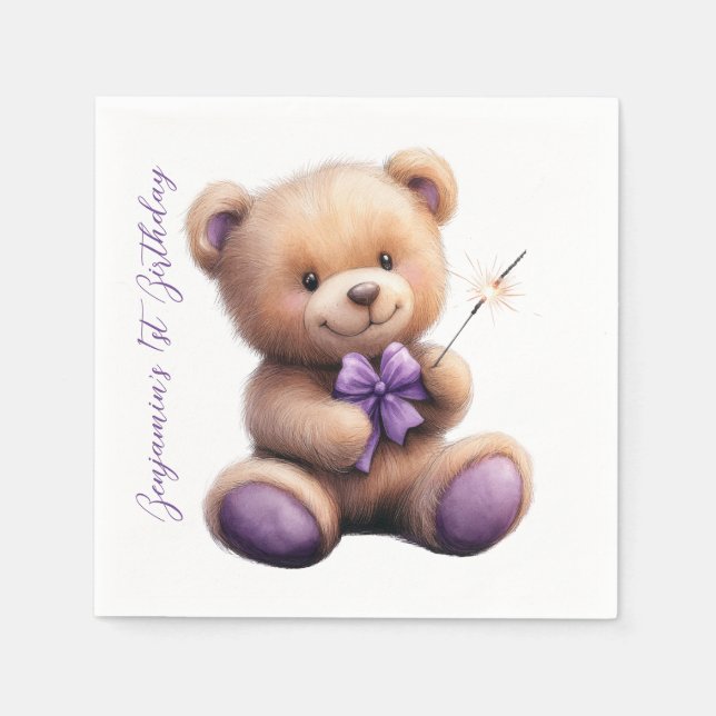 Teddy Bear 1st Birthday Colourful Balloons Napkin (Front)