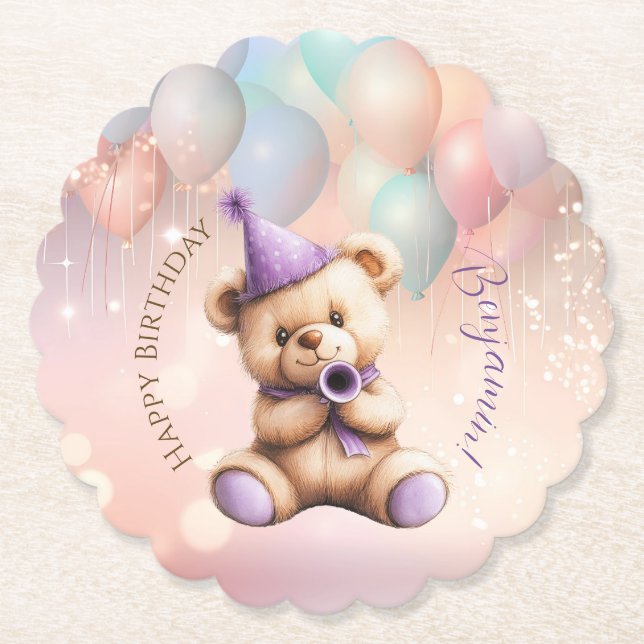 Teddy Bear 1st Birthday Colourful Balloons Paper Coaster (Front)